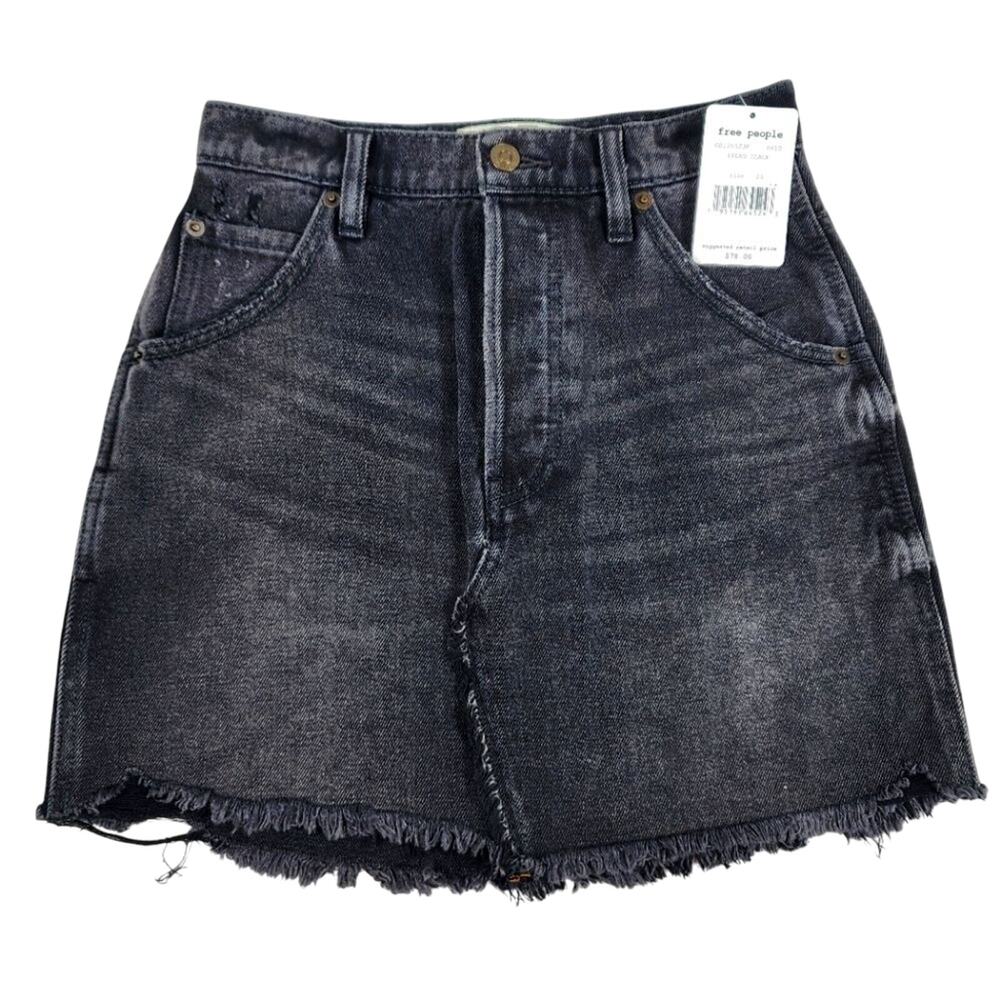NWT Free People Faded Black Ragged Edge Denim Skirt Size 25